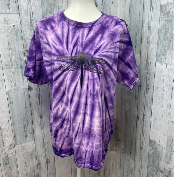 Hand Printed Upcycled Womens Large Dragonfly Short Sleeve Tie Dyed Tee T-Shirt