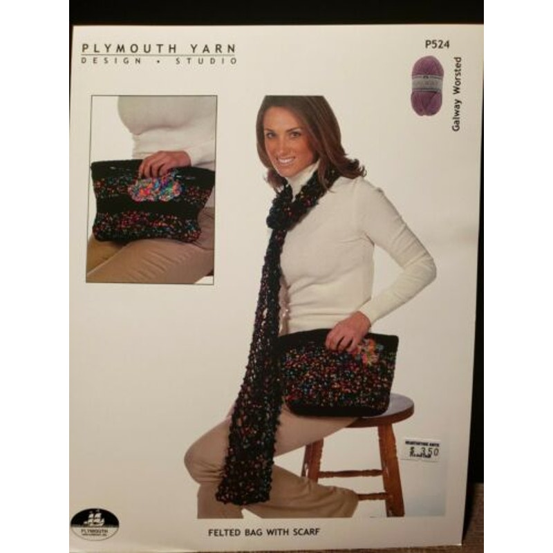 New Plymouth Yarn P524 Galway Worsted Felted Bag with Scarf Knitting Pattern