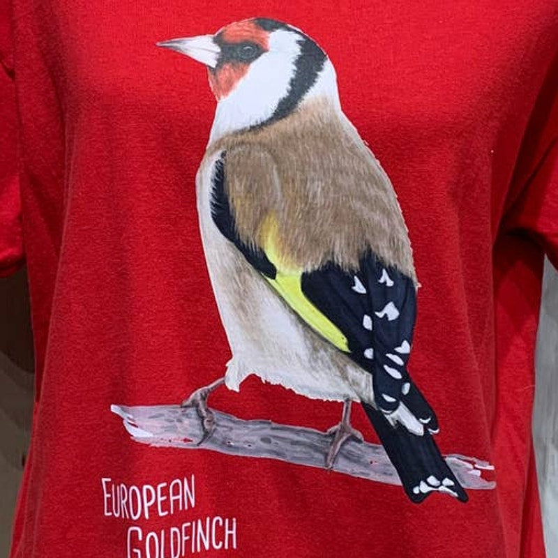 Hand Printed Upcycled Womens 2X European Goldfinch Bird 100% Cotton Tee