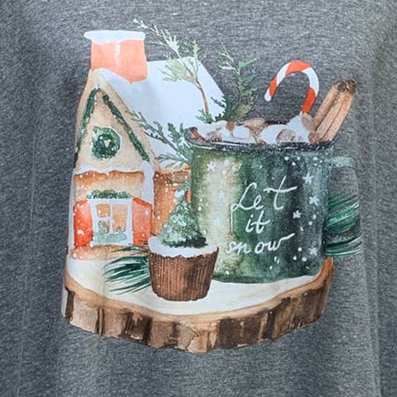 New Hand Printed XL Christmas Cottage Tree Cupcake Cocoa 3/4 Sleeve Raglan Tee