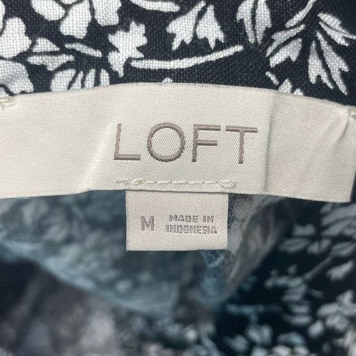 LOFT Womens Medium Sleeveless Black White Floral Linen Viscose Blend Dress