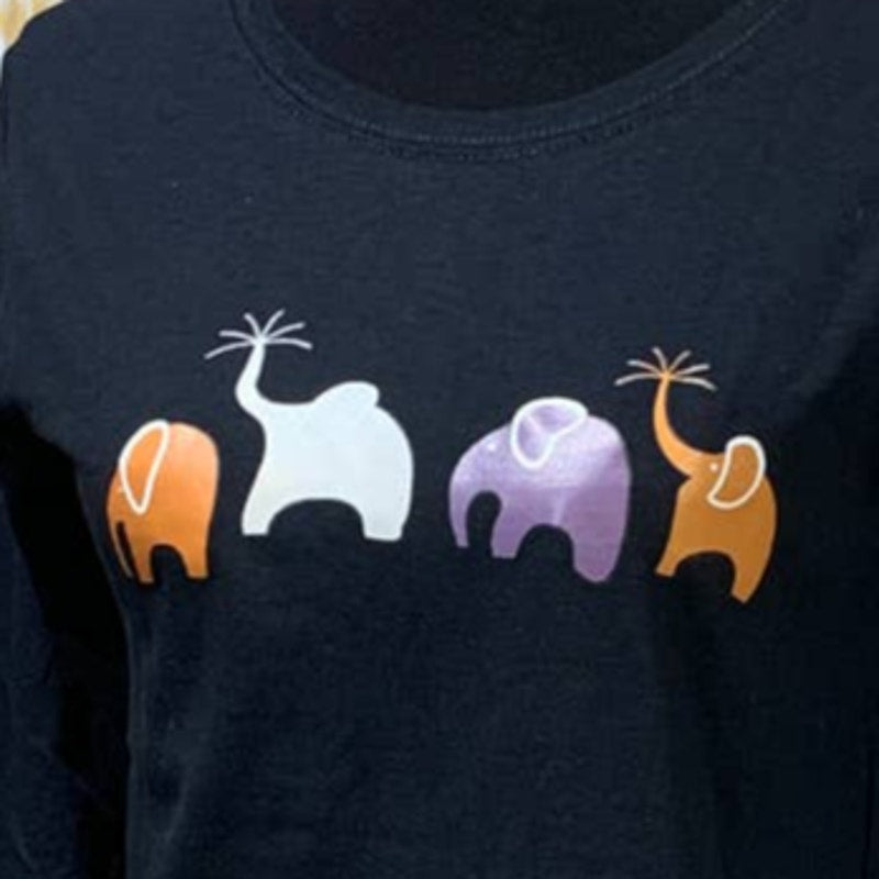 New Hand Printed Medium Happy Elephant Family Cotton Blend Crew Neck T-Shirt