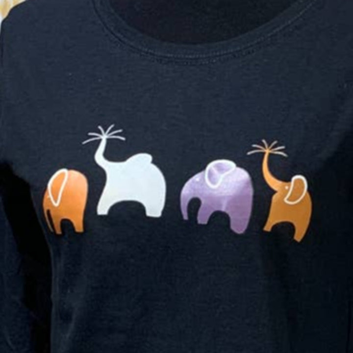 New Hand Printed Medium Happy Elephant Family Cotton Blend Crew Neck T-Shirt
