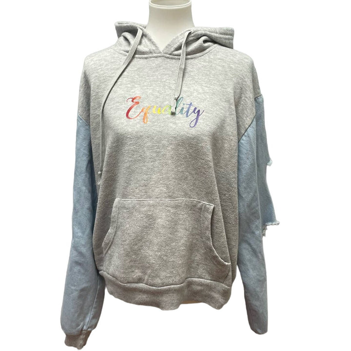 Hand Printed Upcycled 2X Equality Rainbow Pride Cotton Blend Distressed Hoodie