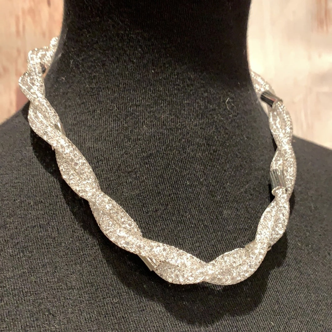 New 2pc Shiny Silver Twisted Chain Necklace Earring Jewelry Set Red Gift Box