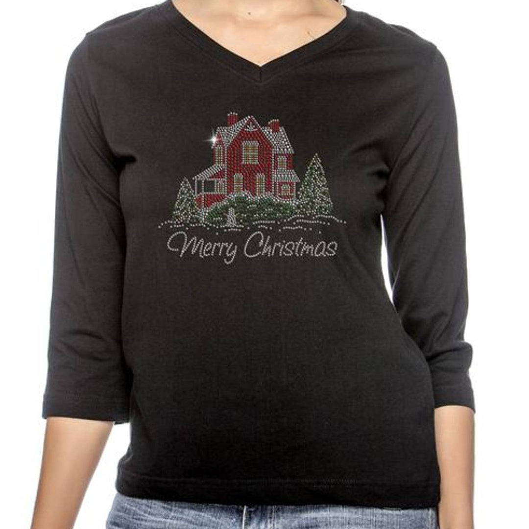New Large Hand Printed Christmas Rhinestone 3/4 Sleeve 100% Cotton V-Neck Tee