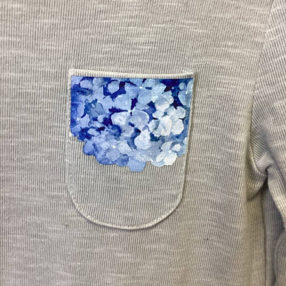 Upcycled Hand Printed Girls Small Long Sleeve Hydrangea Pocket Sweater Shirt