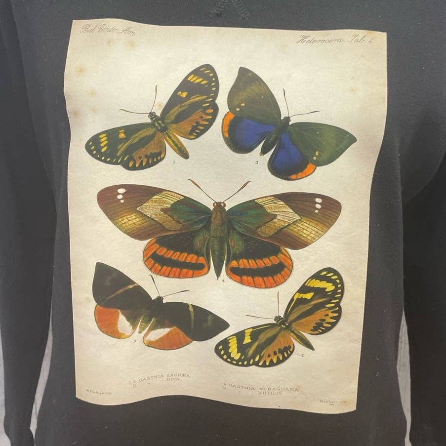 Hand Printed Upcycled Medium Vintage Reference Book Butterfly Page Sweatshirt