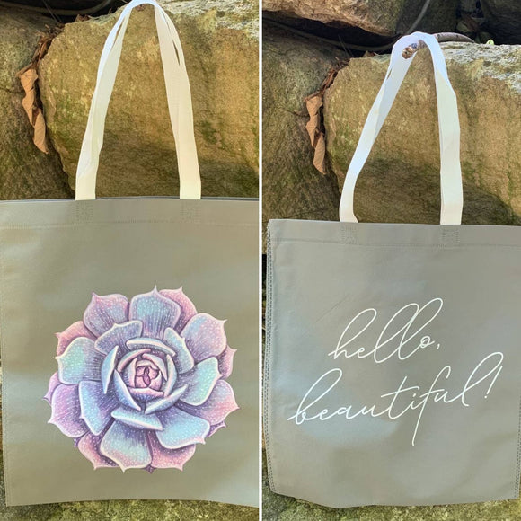 Upcycled Hand Printed Purple Blue Succulent Cactus Rose Flower Tote Bag