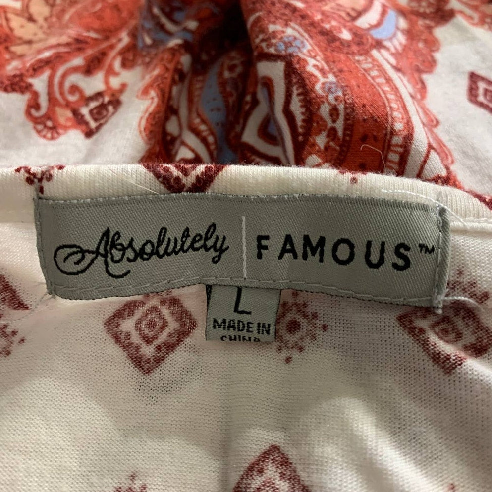 Absolutely Famous Womens Large Long Sleeve Boho Indie 3/4 Sleeve Paisley Top