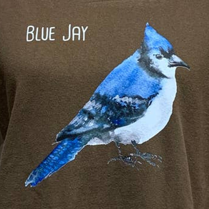 Hand Printed Upcycled Mens Medium Wingspan Inspired Blue Jay Bird Tee Shirt