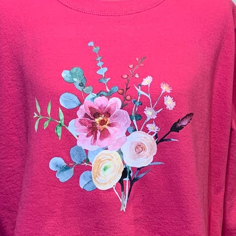 Hand Printed XL Upcycled Watercolor Summer Flower Peony Aster Bouquet Sweatshirt