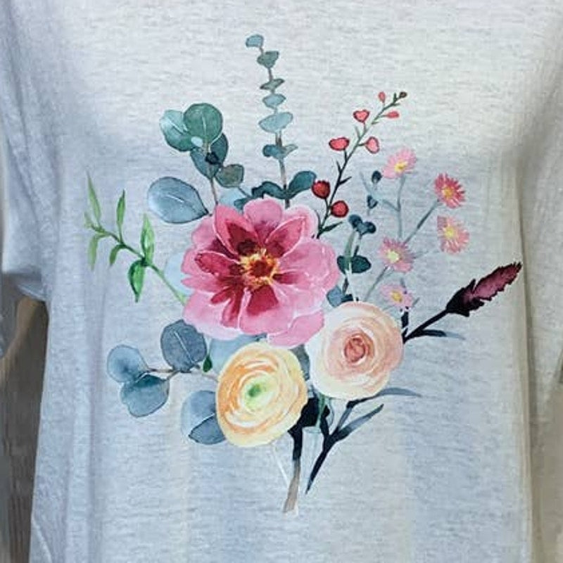 New Hand Printed Medium Pink Watercolor Summer Flower Peony Aster Bouquet Tee