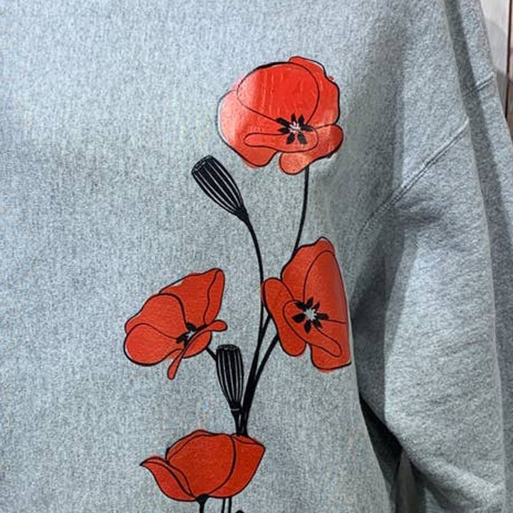 Hand Printed Upcycled XL Red Poppy Flower PolyCotton Long Sleeve Sweatshirt