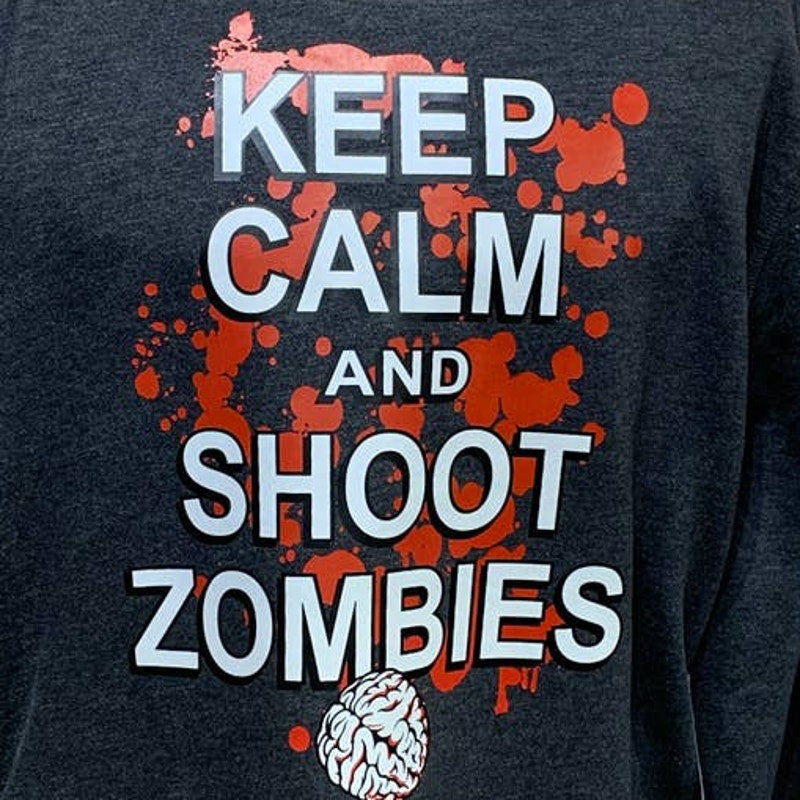 Hand Printed Upcycled Mens XL Halloween Keep Calm Shoot Zombies Sweatshirt