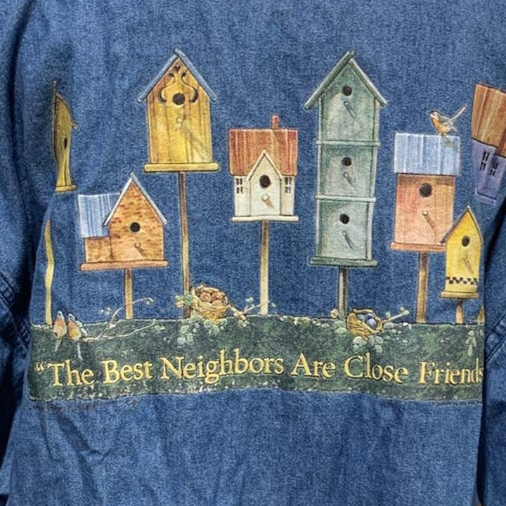 Warm Birdhouse Friends XL Womens Hoodie Sweatshirt Denim Button Up Shirt Combo