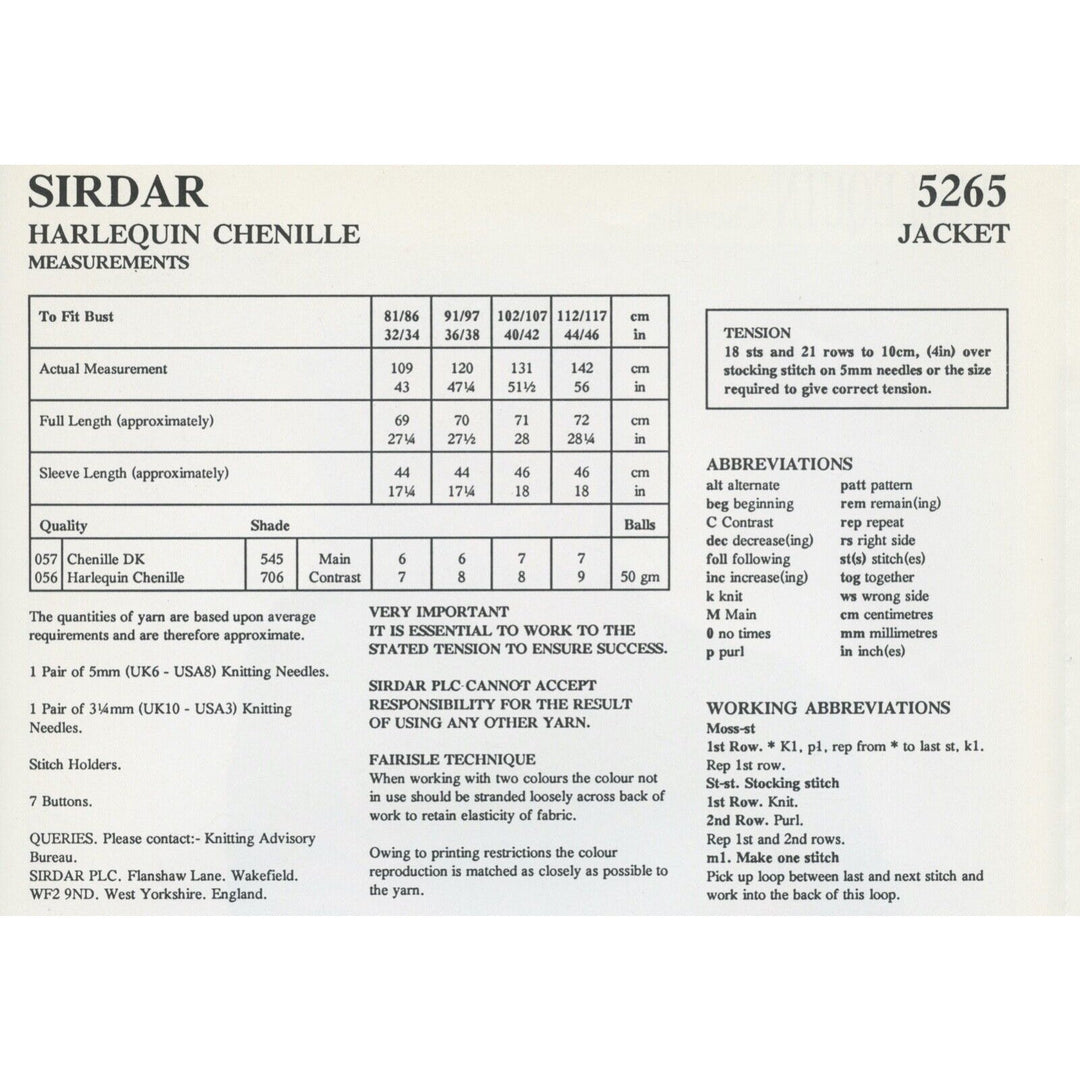 New Sirdar 5265 Harlequin Chenille Cardigan Sweater Jacket Knitting Pattern