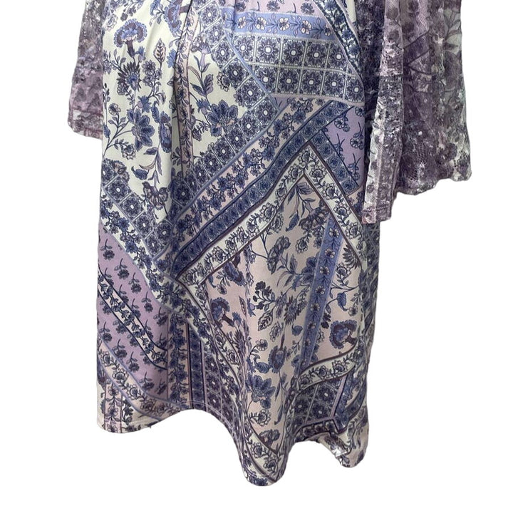 Roz &amp; Ali Womens Large Short Lacy Sleeve Floral Stripe Patchwork Flowy Blouse