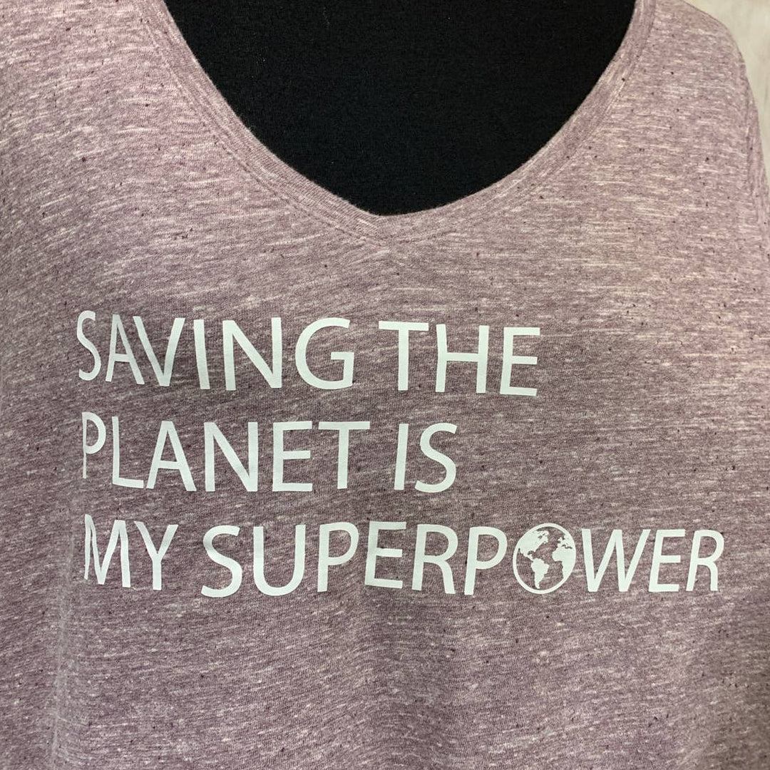 Hand Printed Upcycled Womens XL Saving the Planet Superpower Short Sleeve Tee