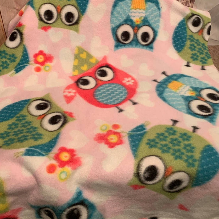 3/4 Yard Colorful Green Blue Pink Owl Party Hat Floral Fleece Fabric Remnant