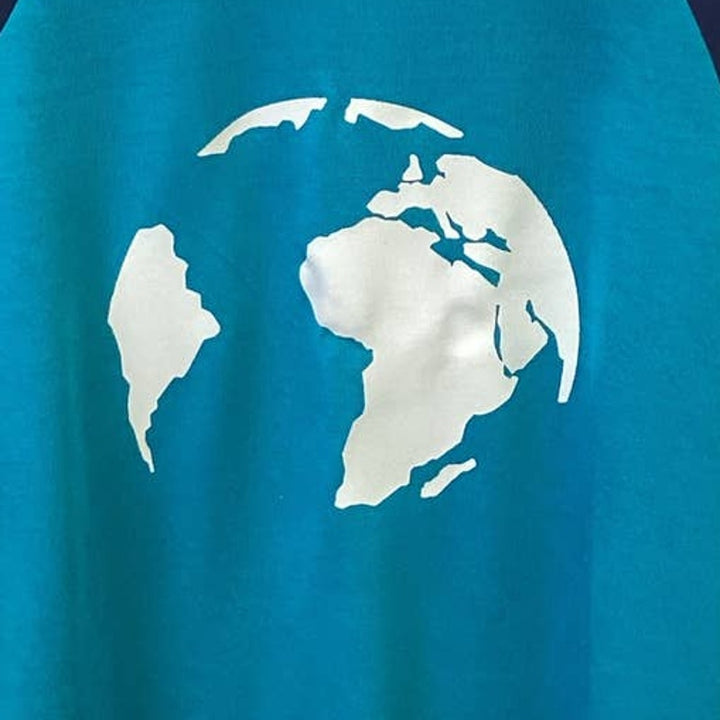 Hand Printed Upcycled Youth Medium Earth Globe Long Sleeve Raglan Tee Shirt