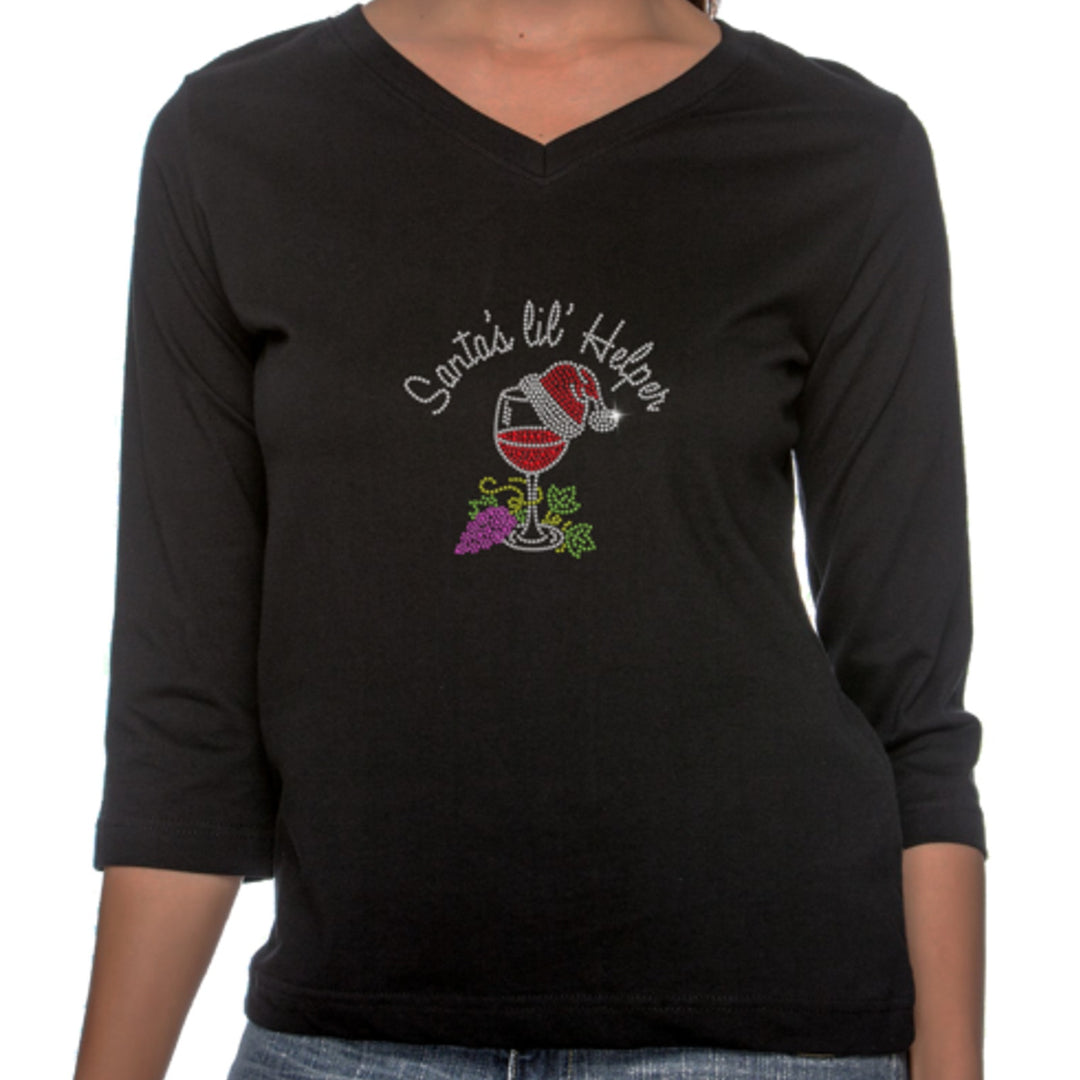 New XL Hand Printed Santa Helper Christmas Rhinestone Wine Cotton 3/4 Sleeve Tee