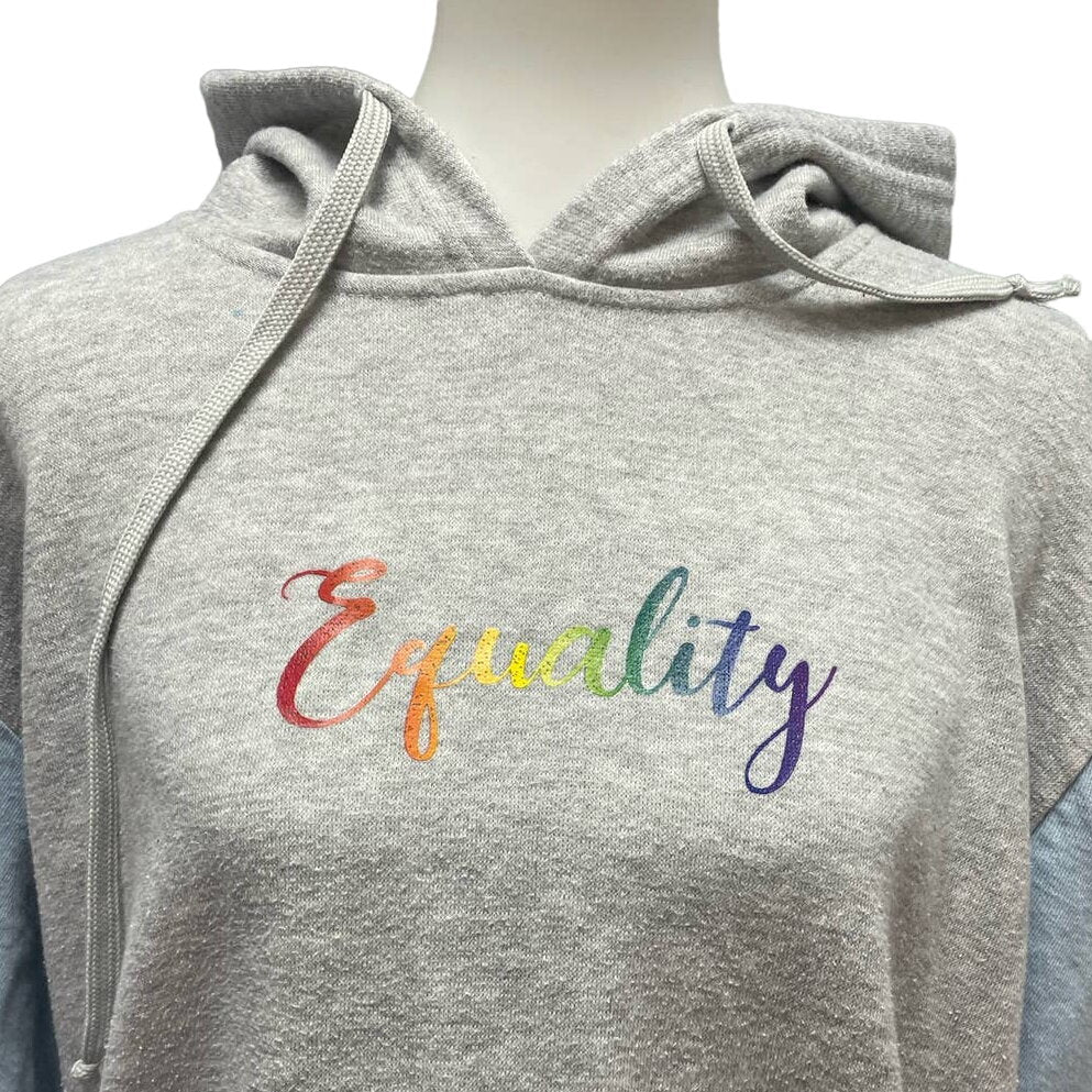 Hand Printed Upcycled 2X Equality Rainbow Pride Cotton Blend Distressed Hoodie