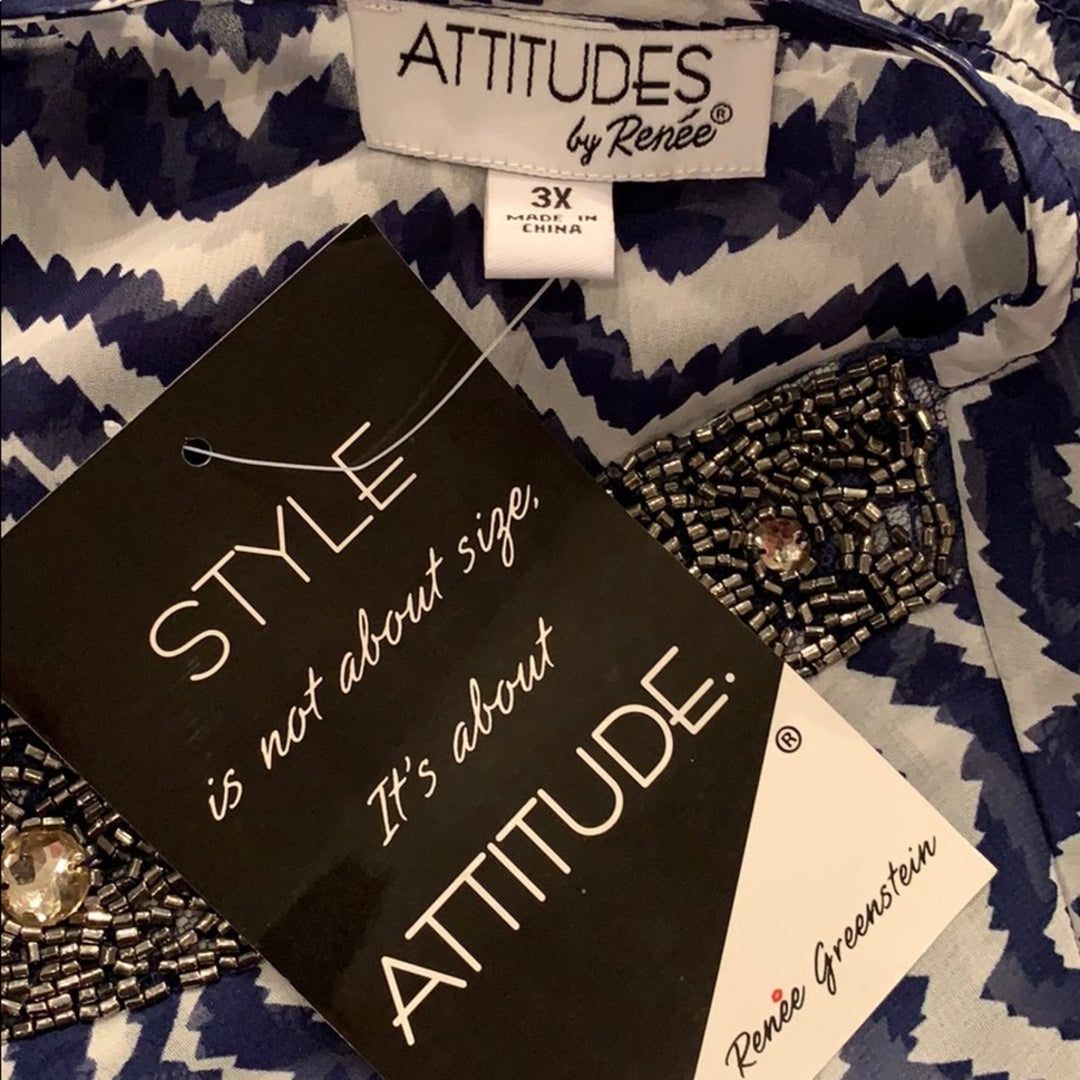 New Attitudes by Renee 3X Long Sleeve Beaded Sheer Flowy Polyester Top Blouse