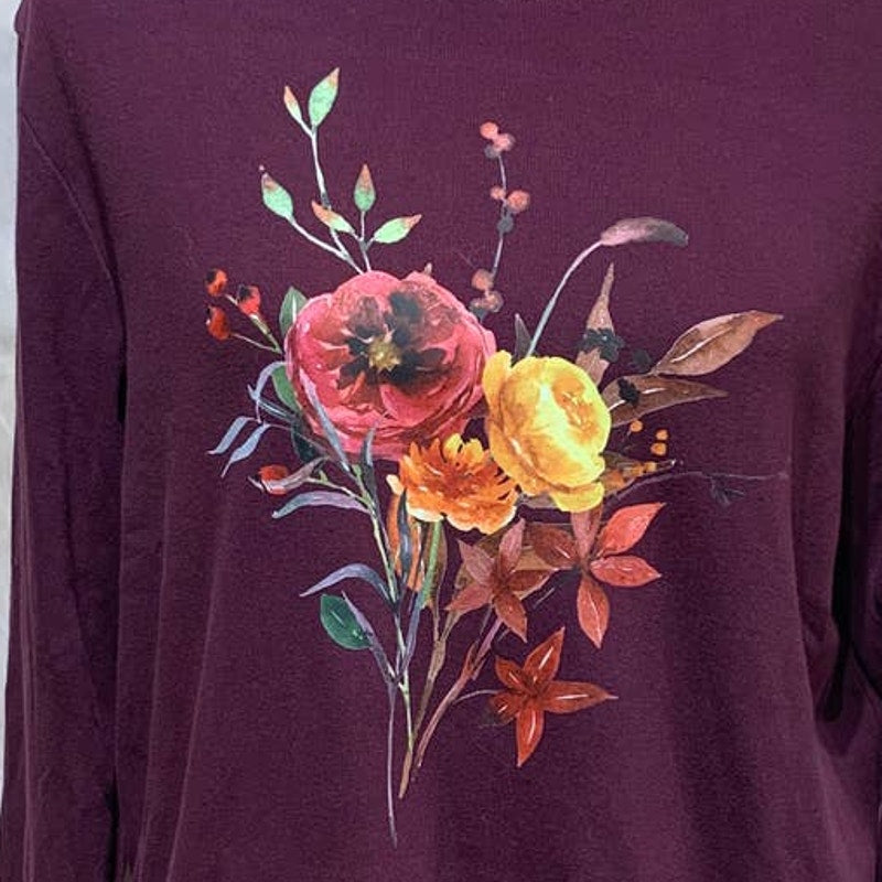 Hand Printed Upcycled XL Watercolor Autumn Flower Peony Berry Bouquet Cotton Tee