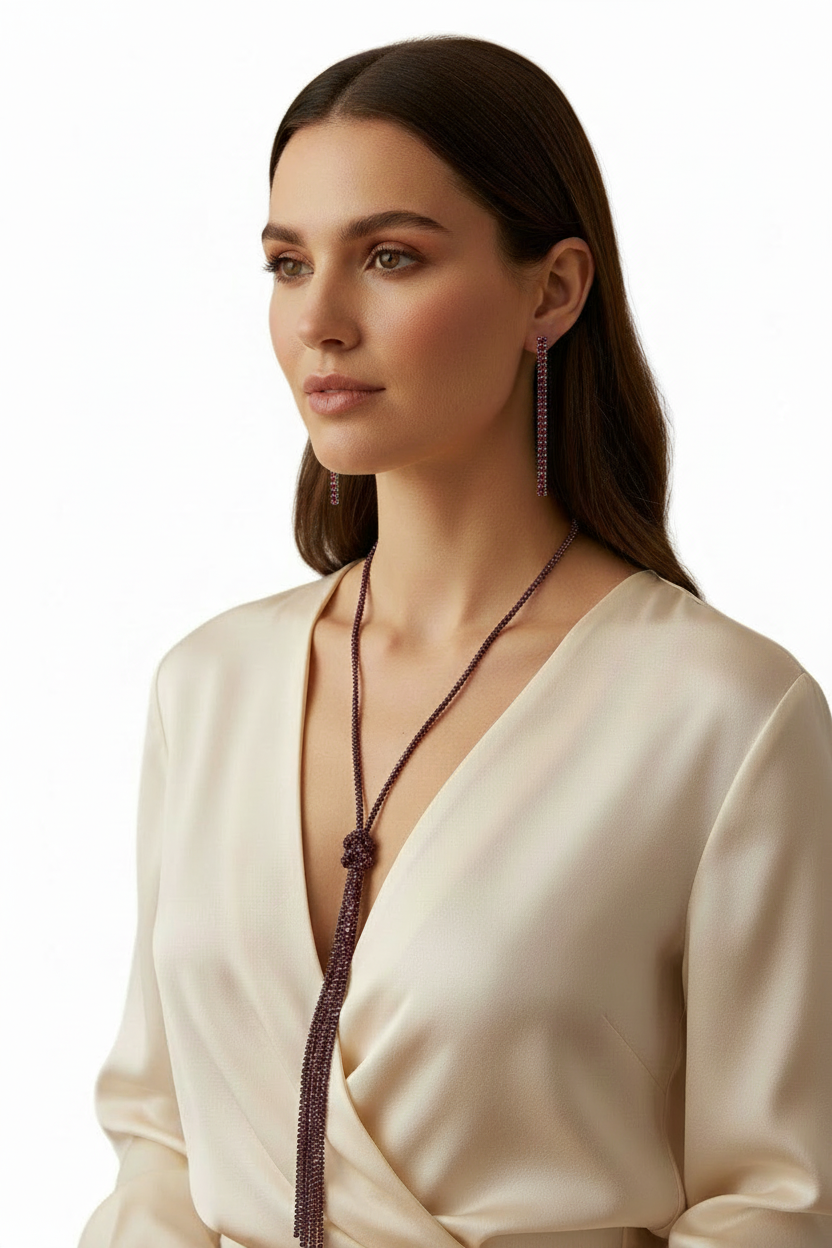 Woman wearing the matching red-toned earrings