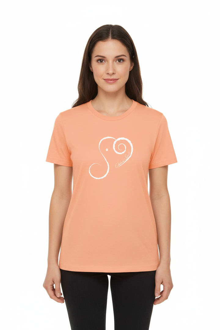 Woman wearing the peach Elephant Spirit crew-neck tee