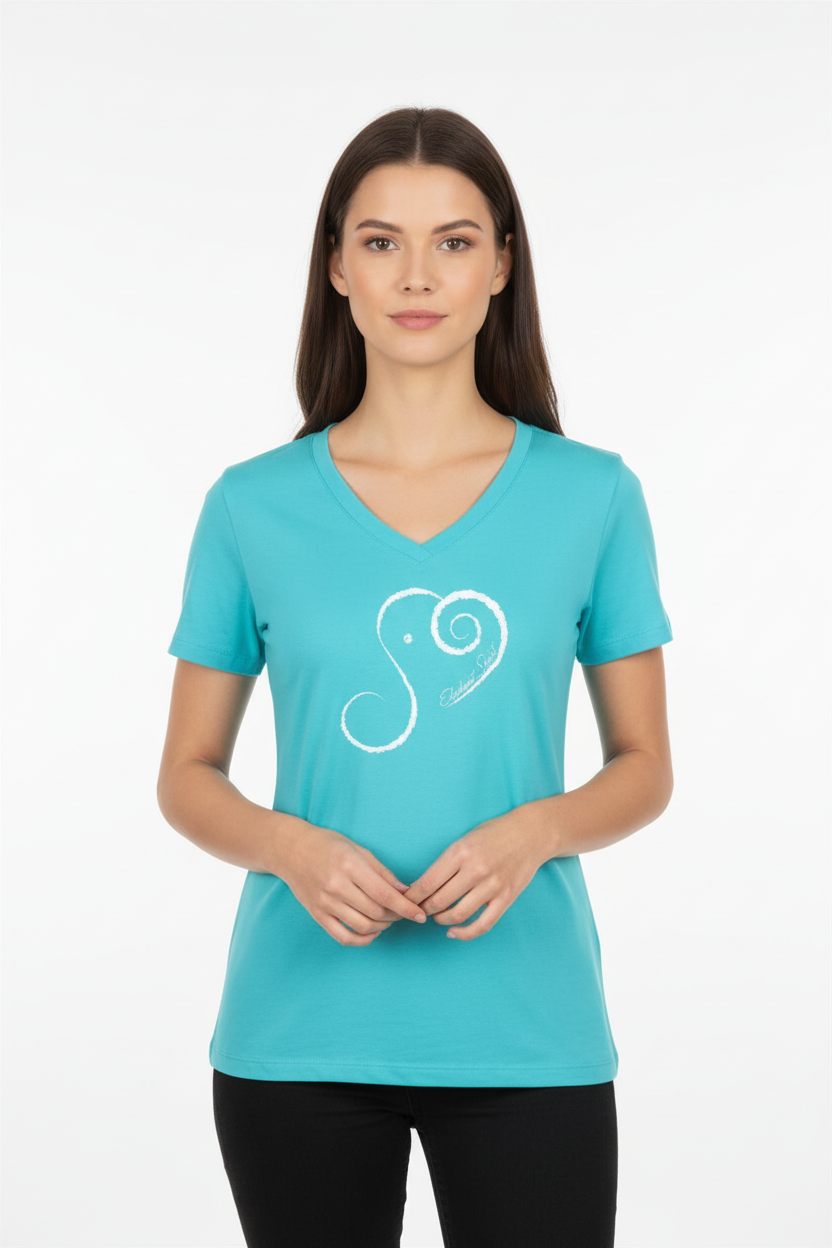 Woman wearing the turquoise Elephant Spirit tee